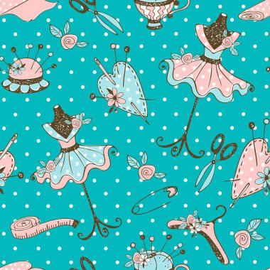 Terzi mankenleri ve dikiş aksesuarlarıyla terzilik temasında kusursuz desen. Vektör.