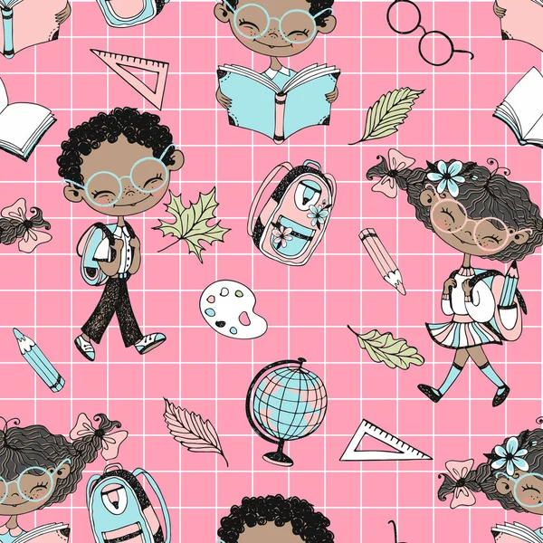 Seamless pattern on the school theme with school children and school accessories. Back to school. Checkered background. Vector.