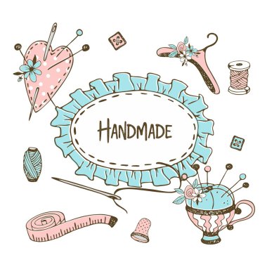 Dikiş dikme ve terzilik temalı, Doodle tarzı fırfırlı şirin bir çerçeve. Vektör.