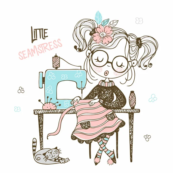 Cute Girl Seamstress Sews Sewing Machine Dress Doodle Style Vector — Stock Vector