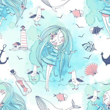Tatlı kızlar, balinalar ve suluboya şirin Doodle tarzı martılarla deniz temasında pürüzsüz bir desen. Vektör