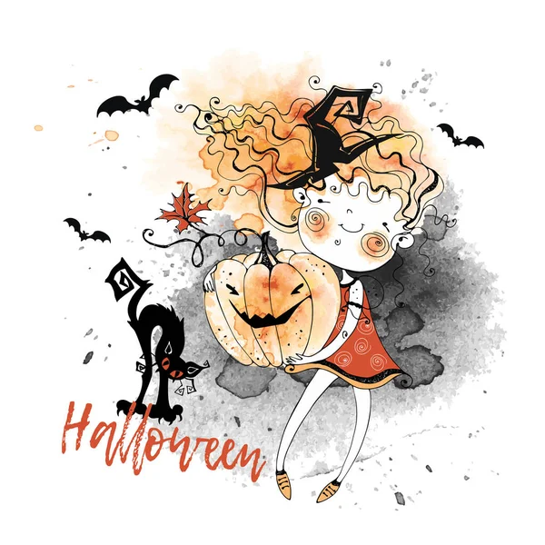 Biglietto Auguri Halloween Con Una Piccola Strega Carina Che Tiene — Vettoriale Stock