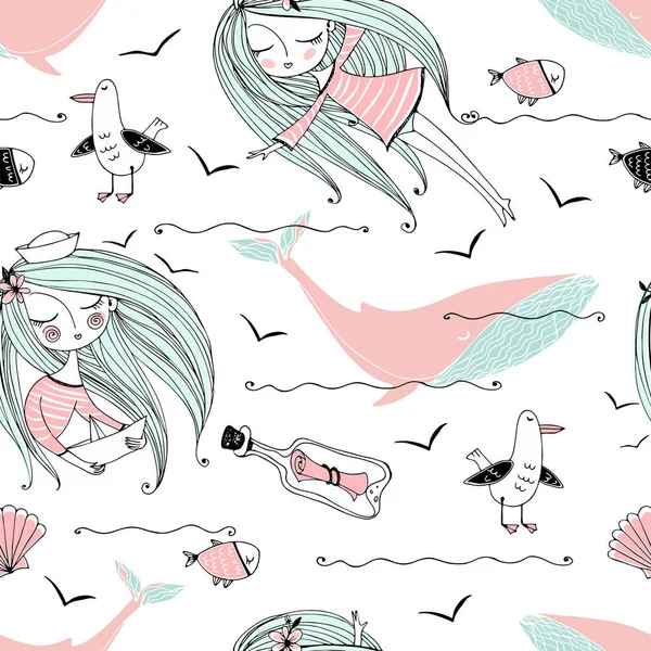 无缝图案的海洋主题与可爱的女孩 鲸鱼和海鸥在一个可爱的涂鸦风格 — 图库矢量图片