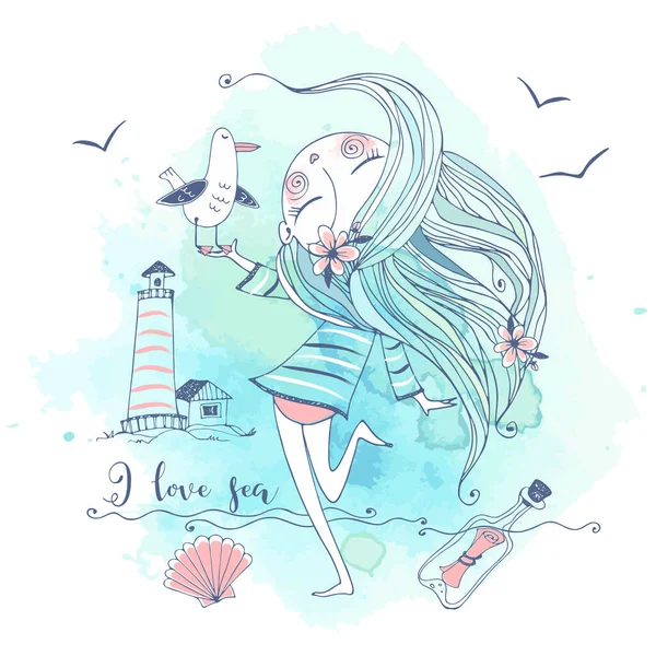 カモメの鳥と一緒に海岸のかわいい女の子 グラフィックと水彩画 ベクトル — ストックベクタ