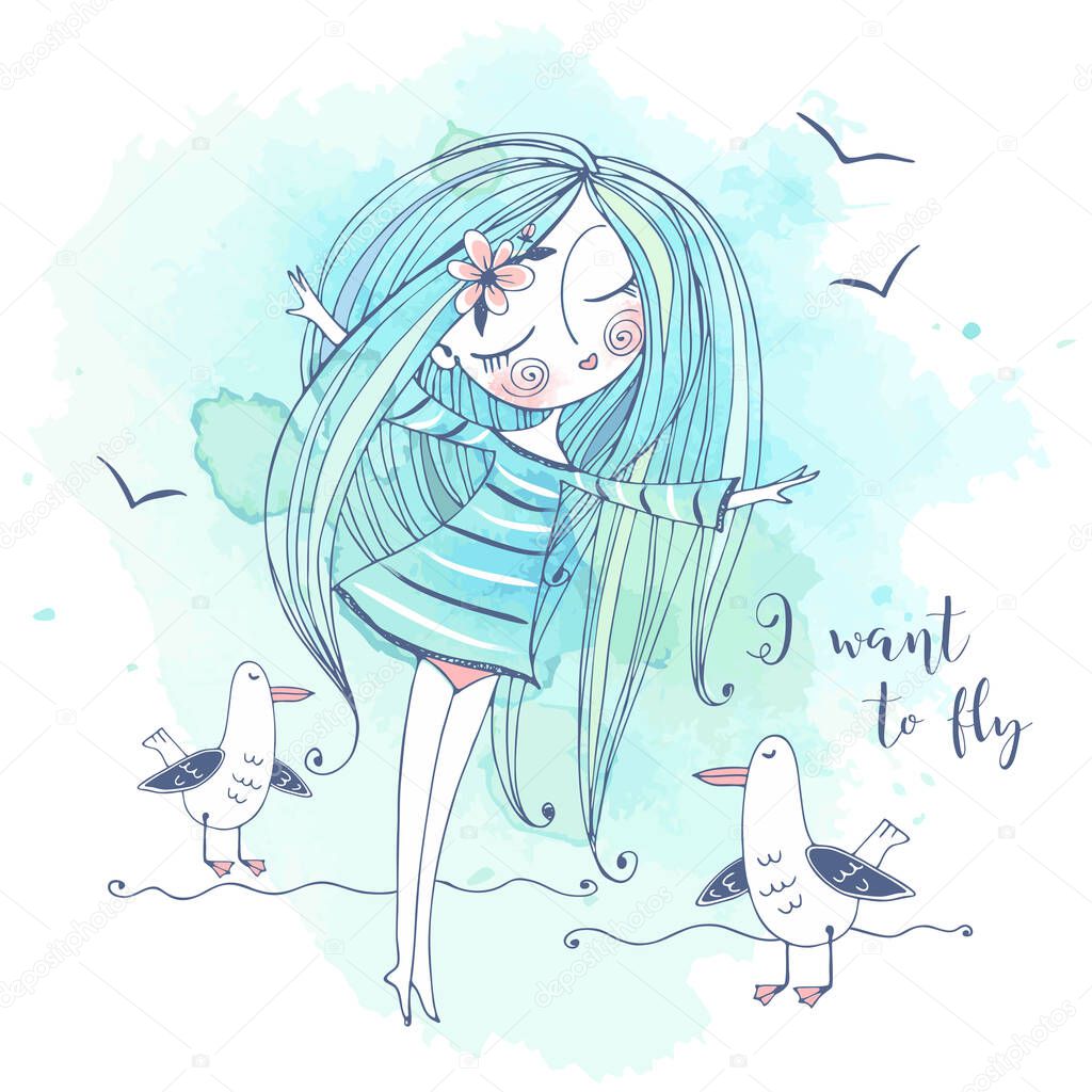 A cute girl stands on the seashore and dreams of flying like birds. Graphics and watercolors. Vector.