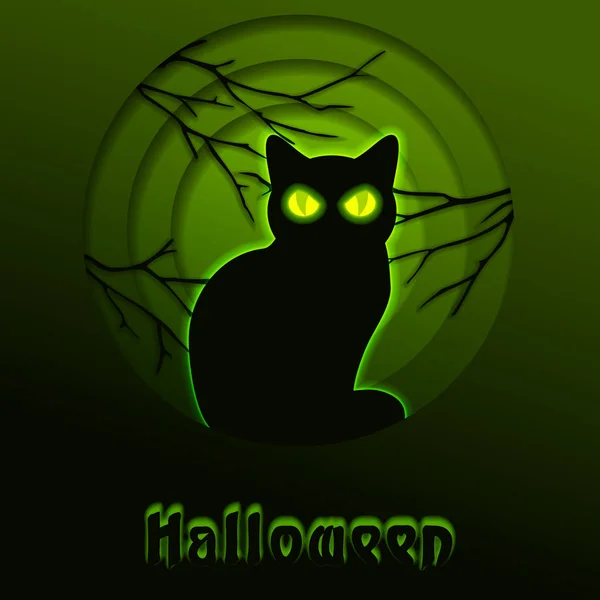 Minimalistische Papercut Design Met Een Gloeiende Kat Halloween Silhouet Afbeeldingen — Stockvector