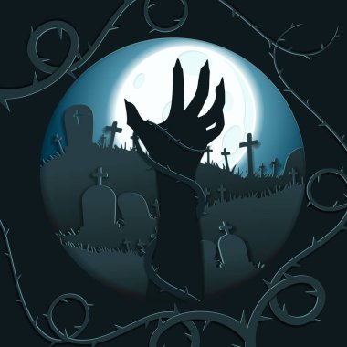 Spooky blue and silver papercut design with a zombie arm silhouette. Graphics are grouped and in several layers for easy editing. The file can be scaled to any size. clipart