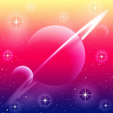  illustration of a planet with a ring and two moons, in highly saturated bright colors. Graphics are grouped and in several layers for easy editing. The file can be scaled to any size. clipart