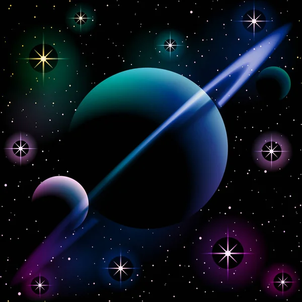 Ілюстрація Планети Кільцем Двома Місяцями Фоні Зоряного Простору Графіка Групується — стоковий вектор