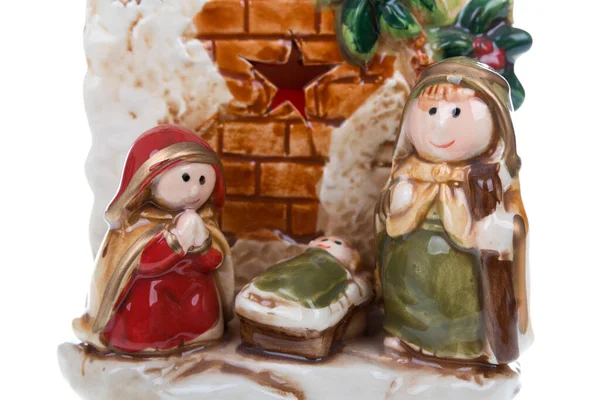 聖母マリア 聖ヨセフと赤ちゃんイエスとクリスマスのネイティブシーンに近いです 白い背景に隔離されている ストックフォト — ストック写真