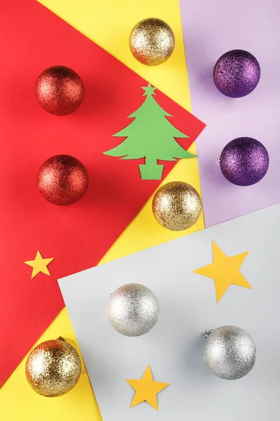 Design Different Brightly Colored Christmas Spheres Cardboard Christmas Tree Colored — Stock Photo, Image