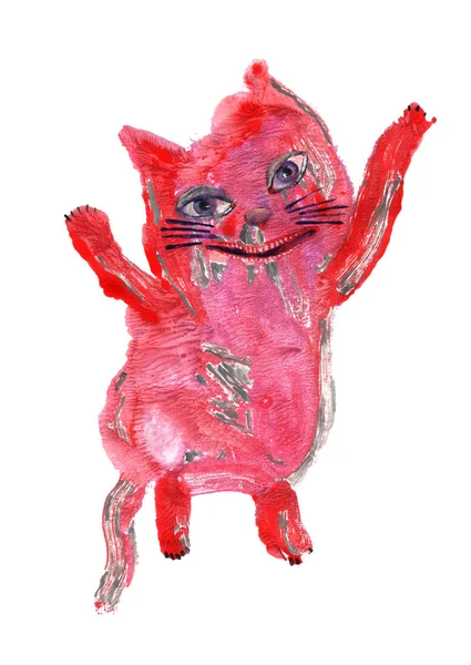Růžová Kočka Šťastným Úsměvem Zvíře Štěstí Zvedl Jeho Tlapky Chce — Stock fotografie