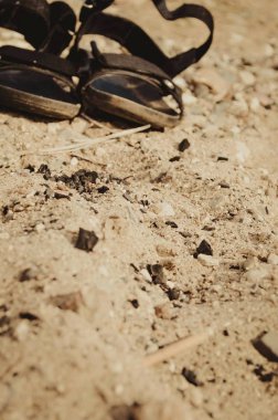 slates mens sandal kumlu bir plaj üzerinde yaz güneşli bir günde siyah.