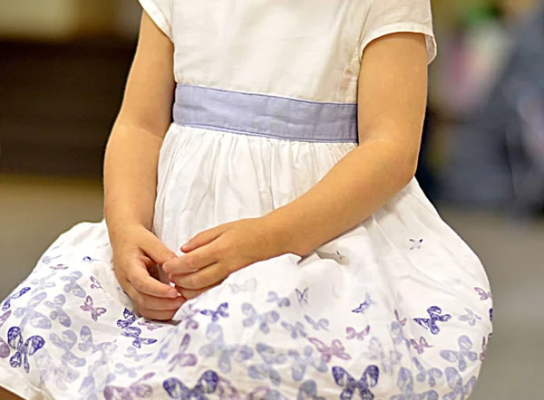 Baby Girl Hands Her Knees Smart Dress Her Birthday — Stock Photo, Image