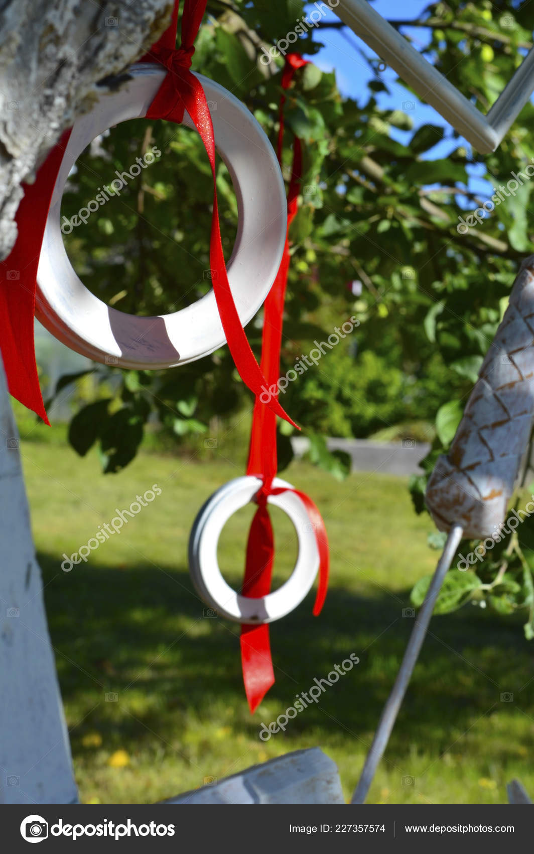 Decoration Place White Frames Red Ribbons Summer Outdoors Stock