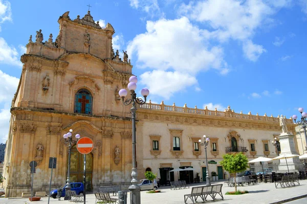 Vista Piazza Busacca Com Palácio Igreja Carmim Scicli Ragusa Sicília — Fotografia de Stock