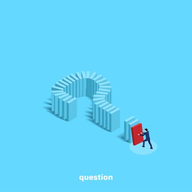 a man in a business suit pushes a domino built in the form of a question mark, an isometric image clipart