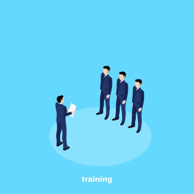 bir parça kağıt ile iş elbiseli bir adam bir brifing yeni başlayanlar için izometrik görüntüyü tutar.