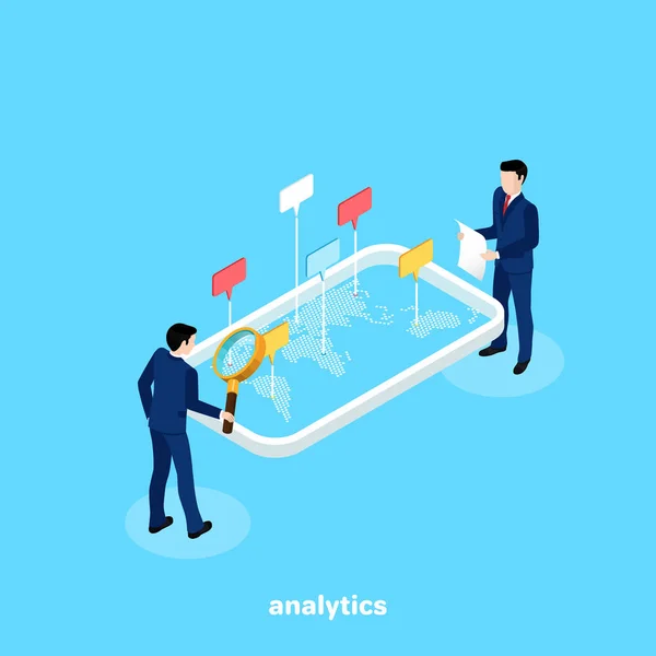 Männer Business Anzügen Analysieren Daten Von Einer Weltkarte Einem Isometrischen — Stockvektor