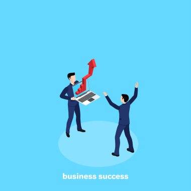 iş takım elbiseli bir adam başka bir adam bir dizüstü bilgisayar ile büyüyen bir grafik izometrik görüntüyü gösterir.