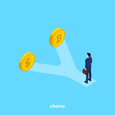 iş takım elbiseli adam sahanın yol ayrımı, dolar ve bitcoin, izometrik resim arasında bir seçim