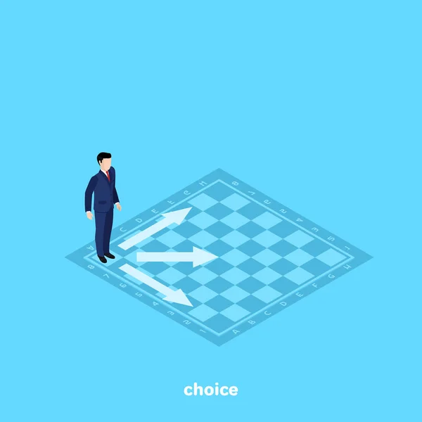 Ein Mann Businessanzug Steht Auf Einem Schachbrett Und Entscheidet Welchen — Stockvektor