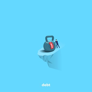 bir uçurumdan, izometrik görüntü büyük bir ağırlığı itmeye çalışırken iş elbiseli bir adam