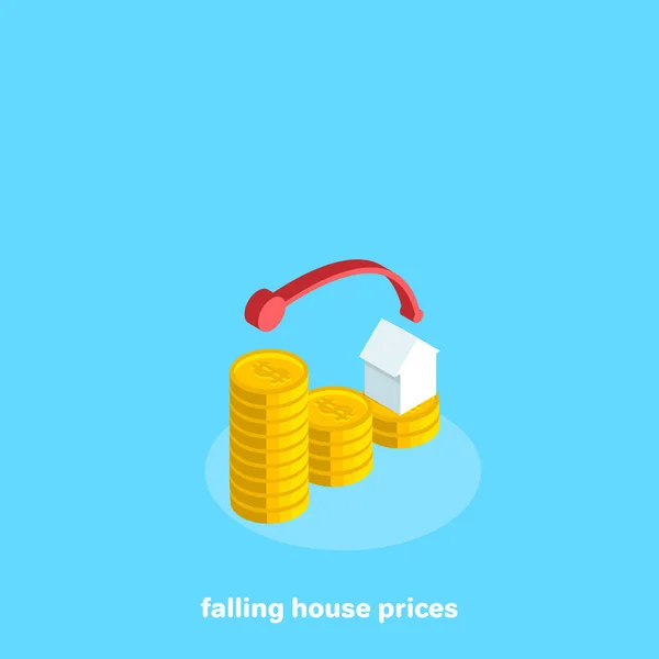 用硬币建造的图表意味着房地产价格的下跌 一个等距图像 — 图库矢量图片