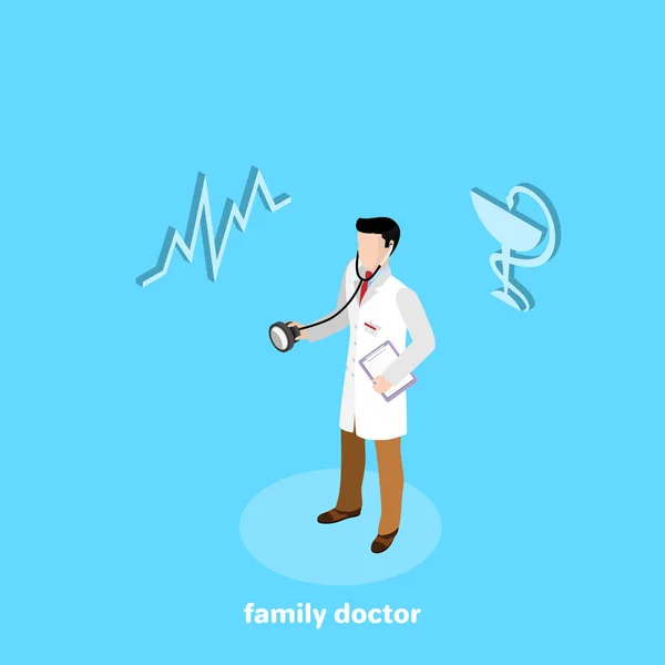 Seorang Pria Dalam Mantel Putih Memegang Stetoskop Seorang Dokter Keluarga - Stok Vektor