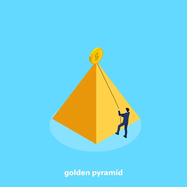 Muž Obleku Pomocí Lana Snaží Vyšplhat Zlatá Pyramida Izometrické Obrázek — Stockový vektor