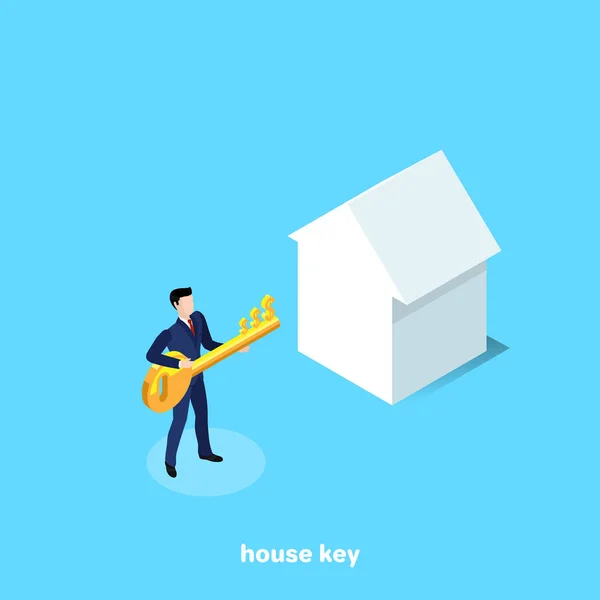 Egy Ember Egy Öltöny Tart Egy Ház Kulcsát Izometrikus Kép — Stock Vector
