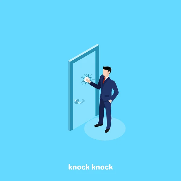 Man Business Suit Knocking Door Isometric Image — Stock Vector