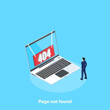 bir hata 404 dizüstü bilgisayar ekranında, izometrik görüntü ile kırmızı işaret