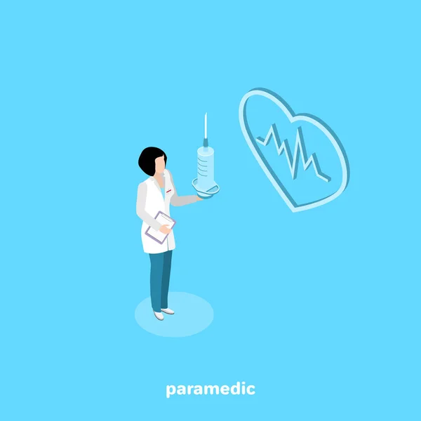 Paramedis Wanita Dalam Jas Lab Putih Dengan Jarum Suntik Tangan - Stok Vektor