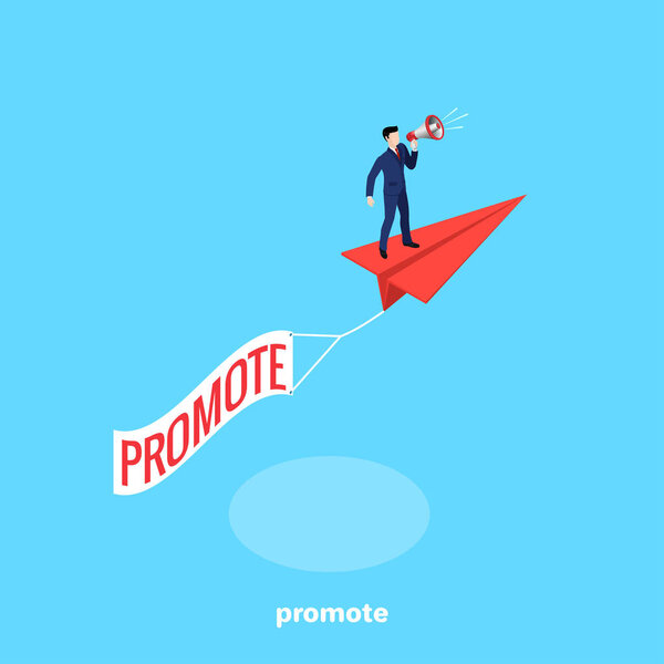 человек в деловом костюме с громкоговорителем стоит на летающем бумажном самолете, изометрическое изображение
