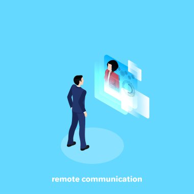 iş takım elbiseli bir adam uzaktan meslektaşı ile bir yüksek teknoloji ekran, isomeric bir görüntü ile iletişim kurar