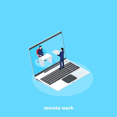 Uzaktan onun laptop, izometrik görüntü çalışma iş elbiseli adam