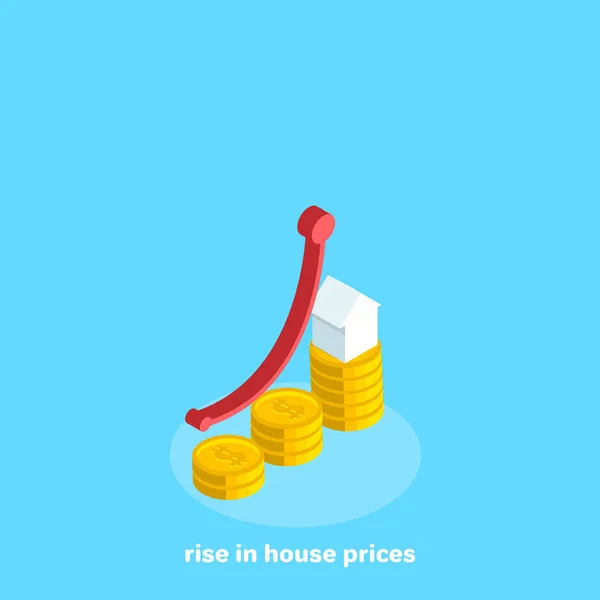象征房地产价格上涨的硬币建造的图表 等距图像 — 图库矢量图片