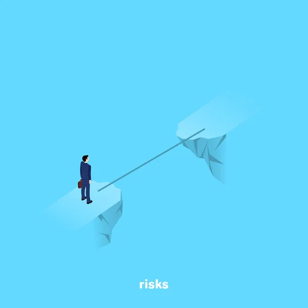 Man Business Suit Stands Brink Precipice Which Thin Bridge Isometric — Stock Vector