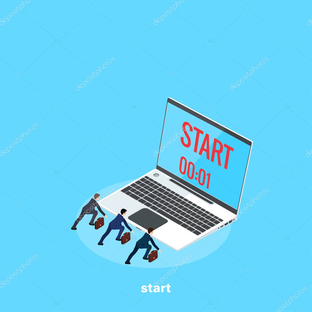 Men in business suits prepared for the start of the race, a laptop with the time remaining until the start, an isometric image
