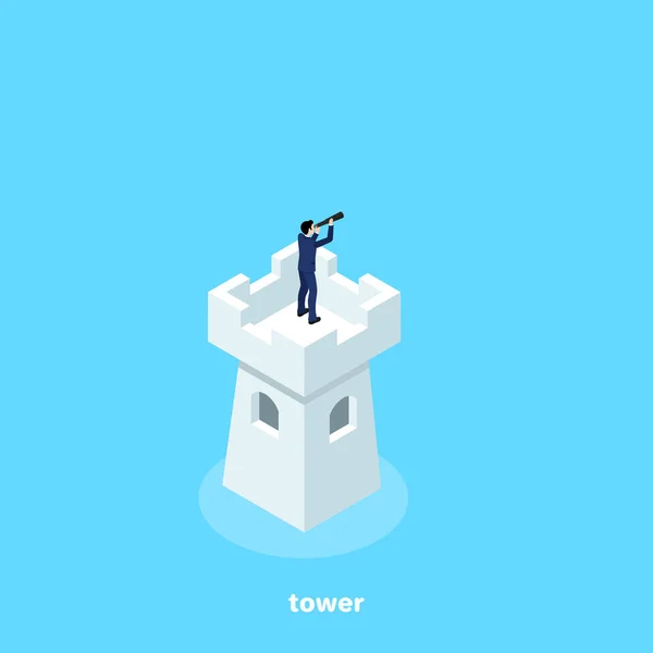 Ein Mann Businessanzug Steht Auf Dem Turm Der Festung Und — Stockvektor