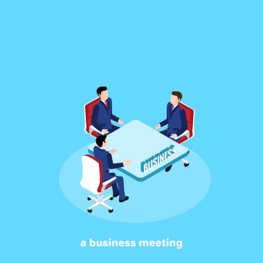 iş takım elbiseli insanlar oturuyor bir tablo, çalışma toplantısı ve takım çalışması, izometrik görüntü