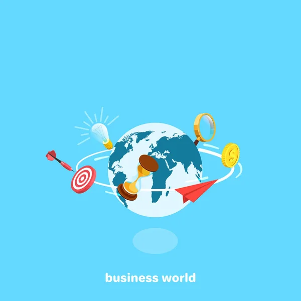 Geschäftssymbole Die Den Globus Rotieren Isometrisches Bild — Stockvektor