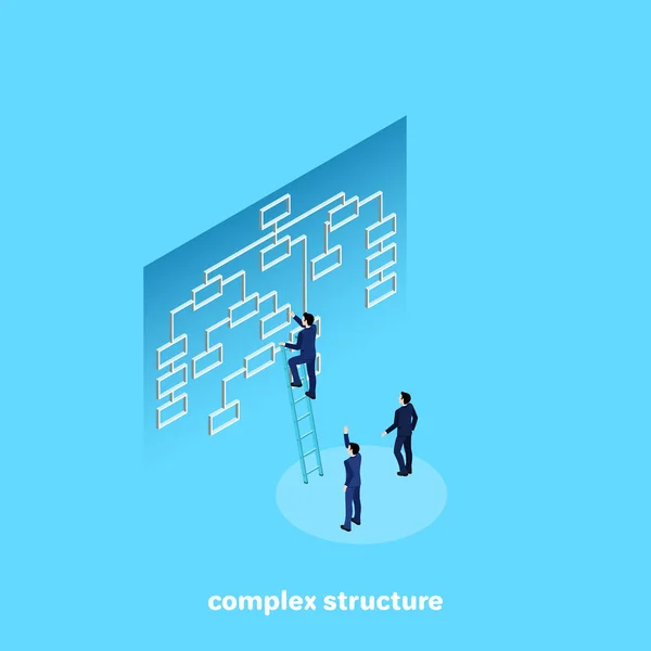 Man Business Suit Points Out Structure Object Isometric Image — Stock Vector