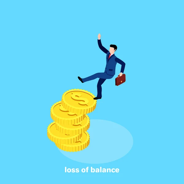 Man Business Suit Falls Pile Coins Isometric Image — Stock Vector