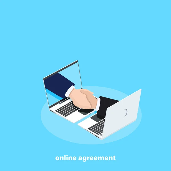 Handdruk Laptops Online Overeenkomst Isometrische Bedrijfslogo — Stockvector