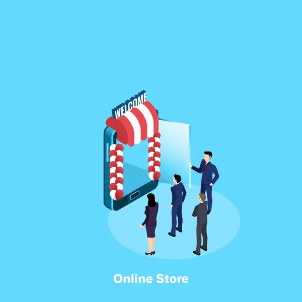 Ouverture Une Nouvelle Boutique Ligne Sur Smartphone Une Image Isométrique — Image vectorielle
