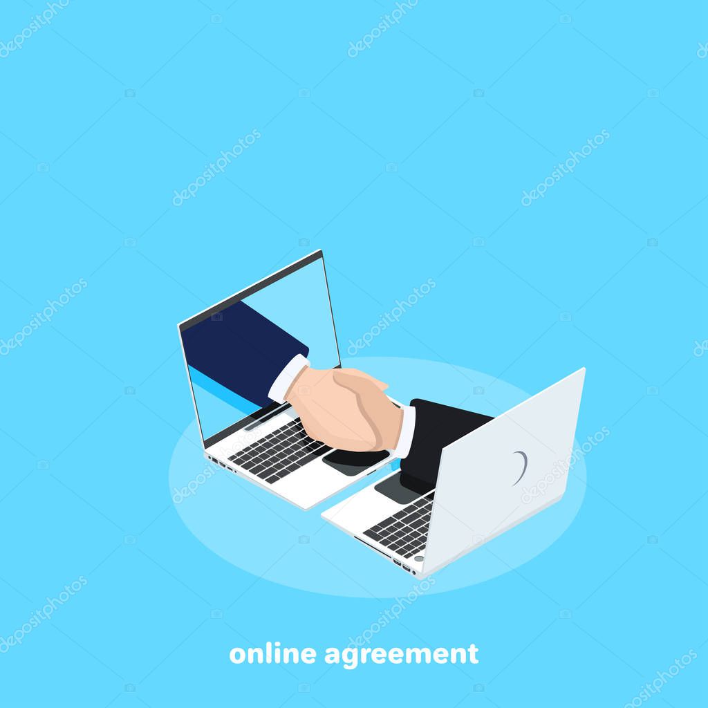 Business handshake and laptops, online agreement, isometric image
