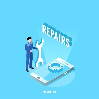 İş kıyafetleri içindeki bir adam ekrandaki akıllı telefonun yanında duruyor ki bu altı yünlü, izometrik bir görüntü.