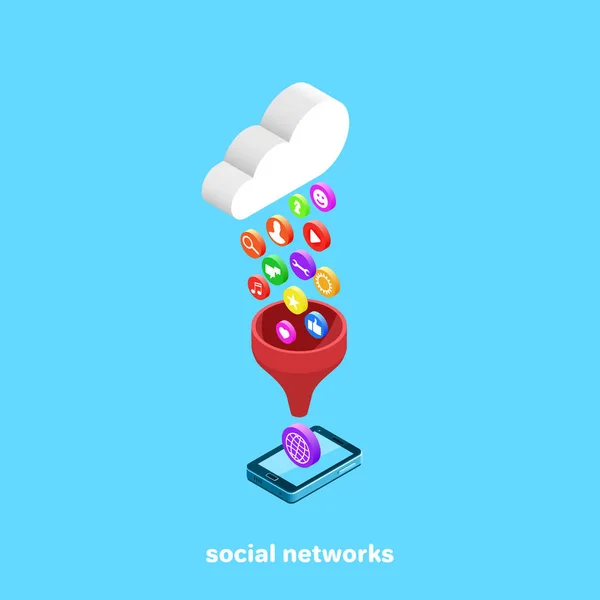 Nube Sobre Smartphone Iconos Las Redes Sociales Internet Imagen Isométrica — Vector de stock